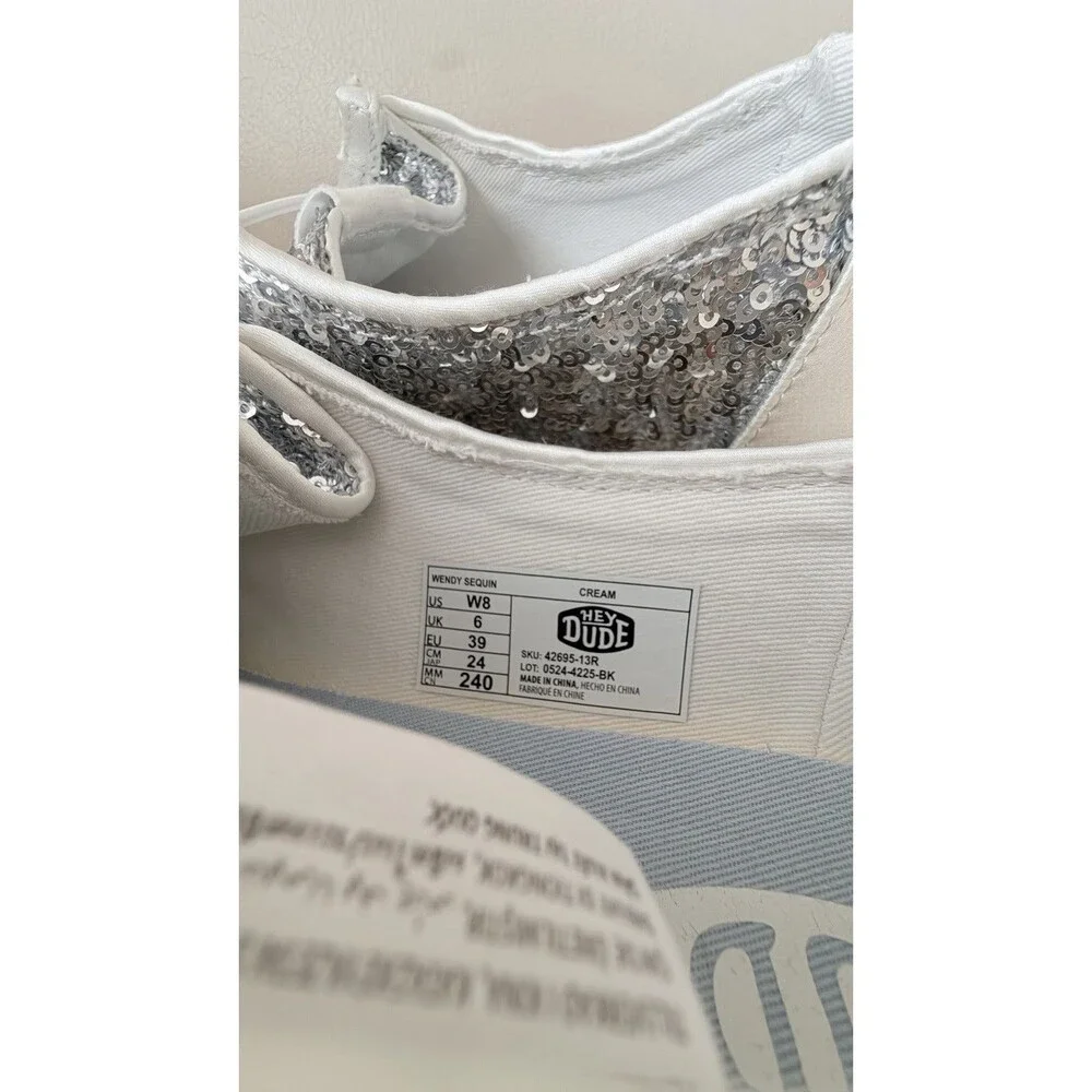 Hey Dude Wendy Sequin Cream Silver Slip On Shoes Women’s Size 8